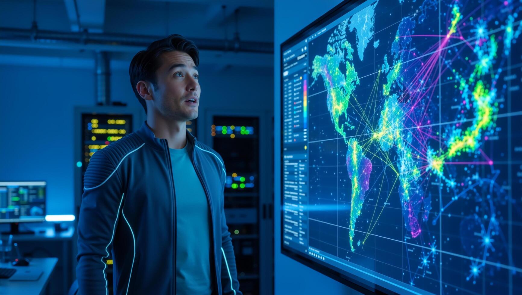 Asian man analyzing global data network on digital screen in server room. Futuristic technology concept with world map visualization photo