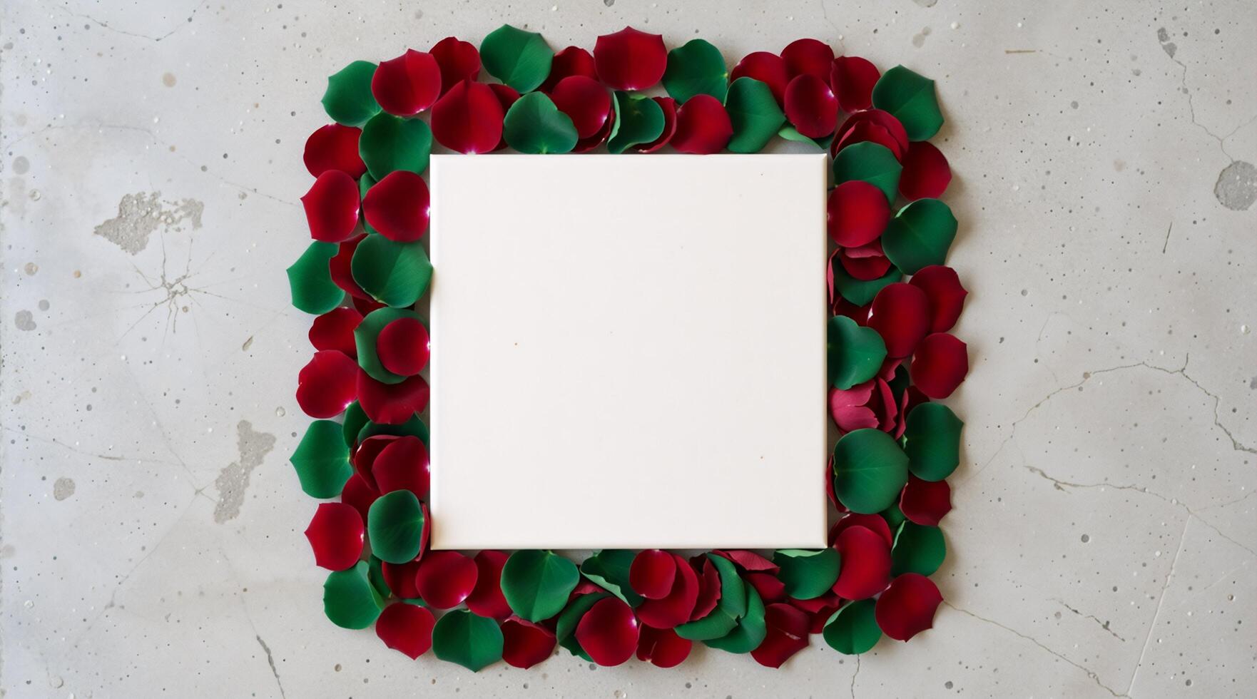 A natural frame of red and green petals around a blank white canvas. Top view flat lay on a textured concrete background with copy space photo