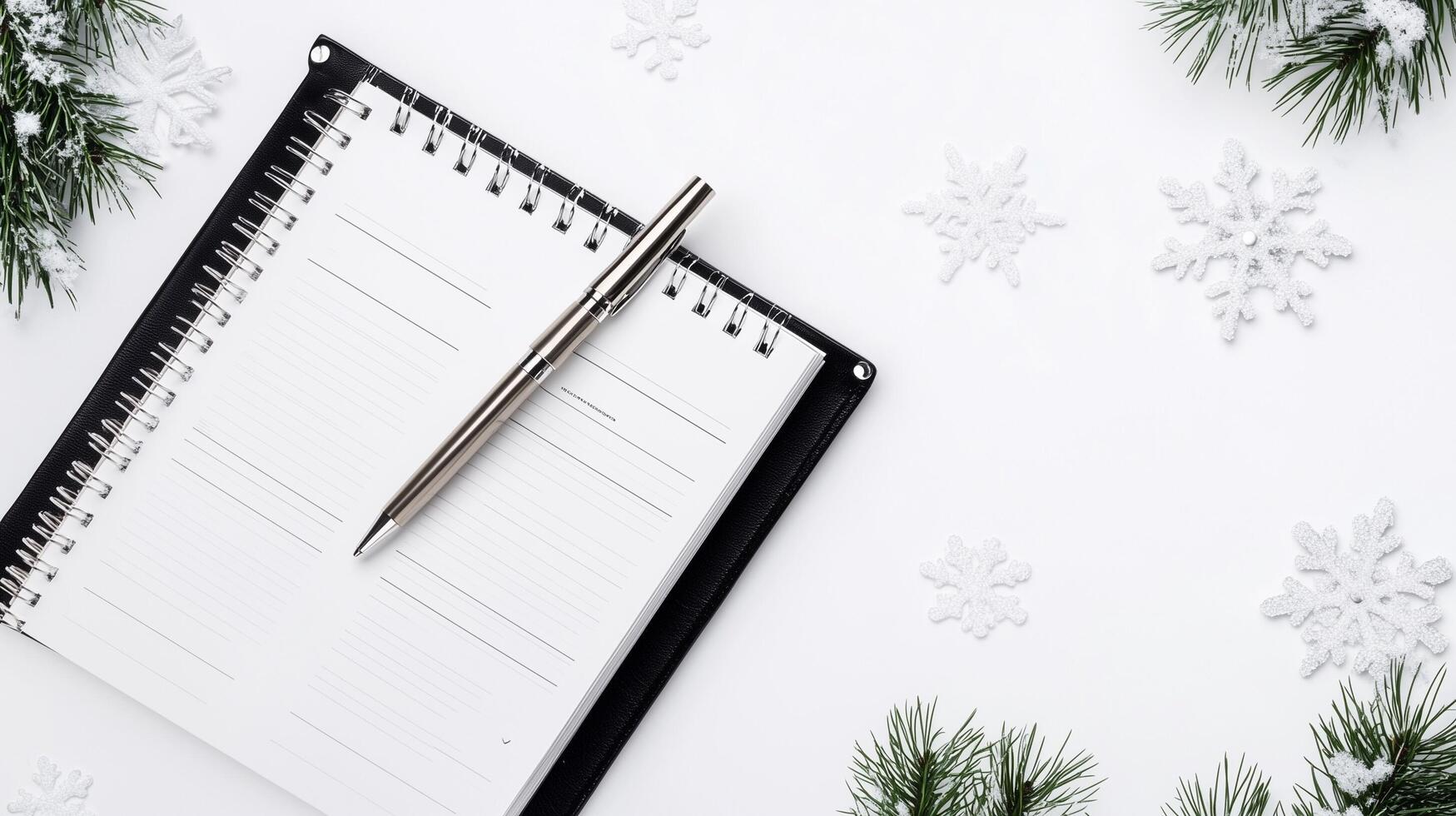 Blank notebook with spiral binding and silver pen on white background, surrounded by snowflakes and evergreen branches, creating a festive winter atmosphere for planning photo