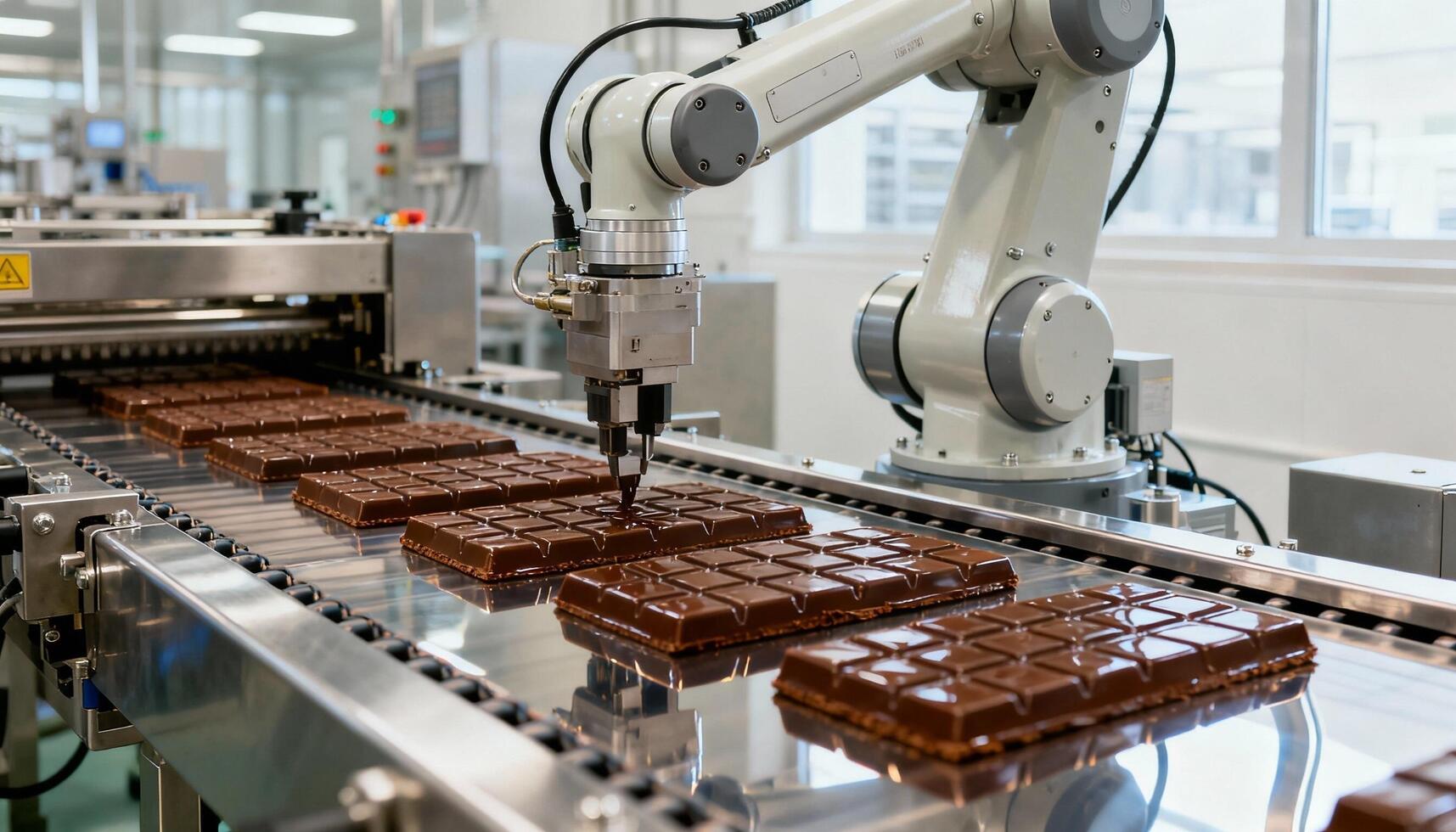 Robotic arm in a modern factory is precisely placing chocolate bars on a conveyor belt, showcasing advanced automation in food production and manufacturing processes photo