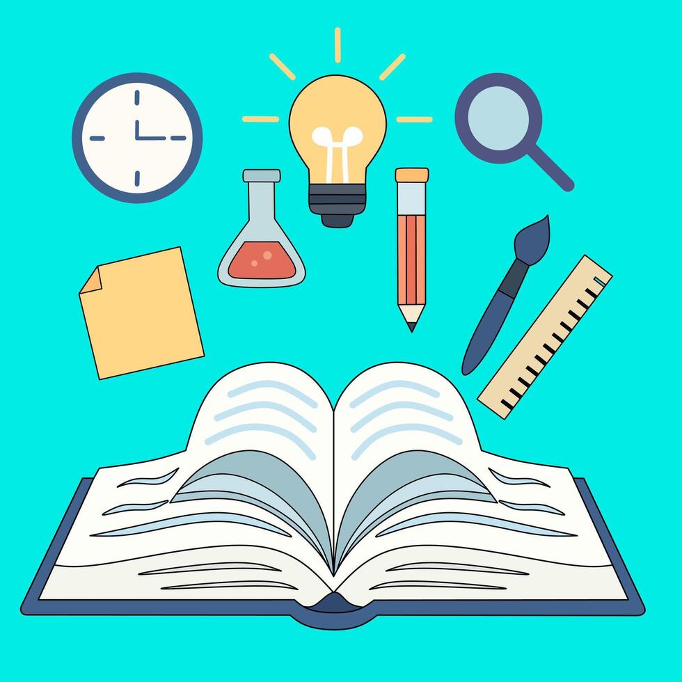illustration of a set of education icons featuring an open book, symbolizing knowledge, school, and learning vector