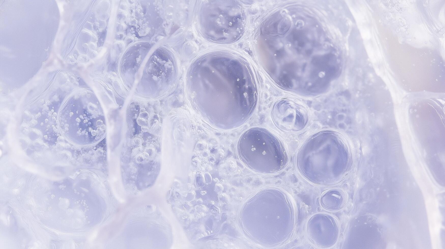 Close-up view of translucent bubbles in a light purple gel, showcasing intricate textures and reflections, creating a soothing and ethereal atmosphere in abstract composition photo