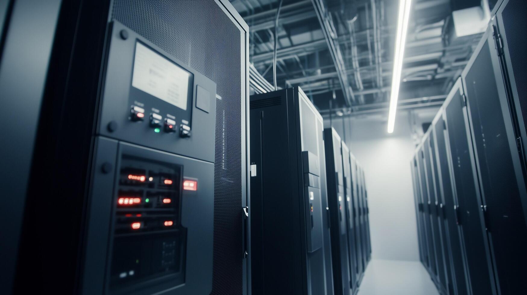 High-tech server room with rows of black servers, illuminated by overhead lights, showcasing advanced technology and modern infrastructure in a data center environment photo