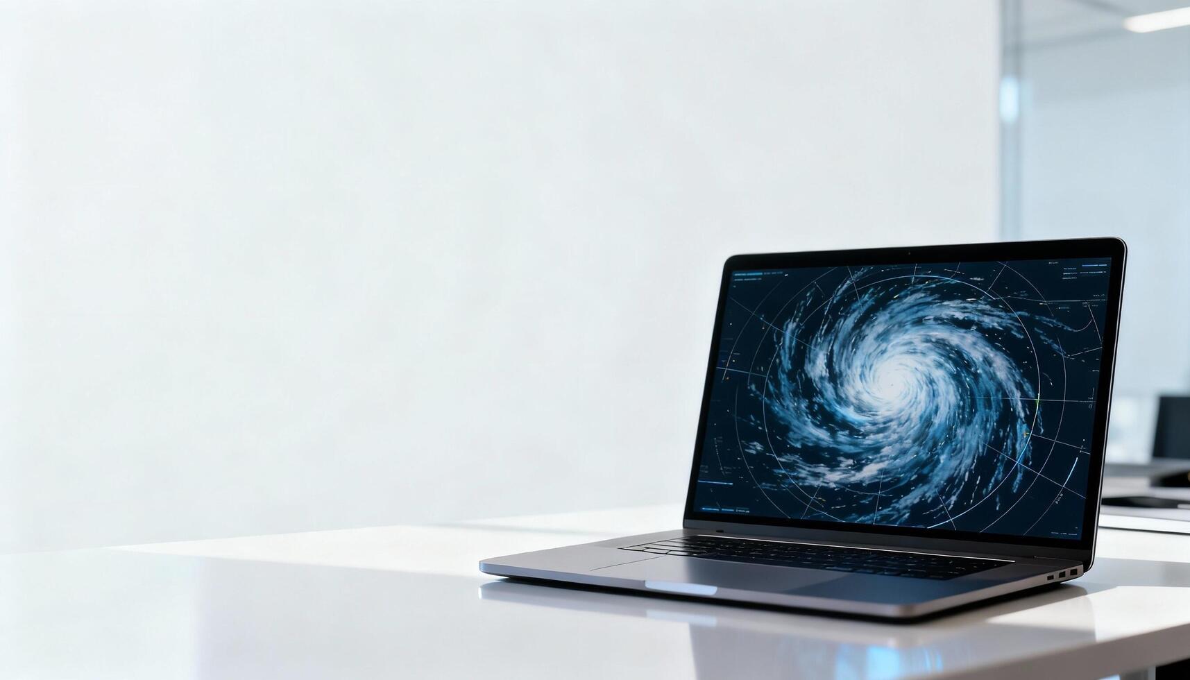 Laptop displaying a swirling hurricane weather pattern on screen, placed on a sleek white desk with minimalistic office environment, illustrating technology and meteorological analysis photo
