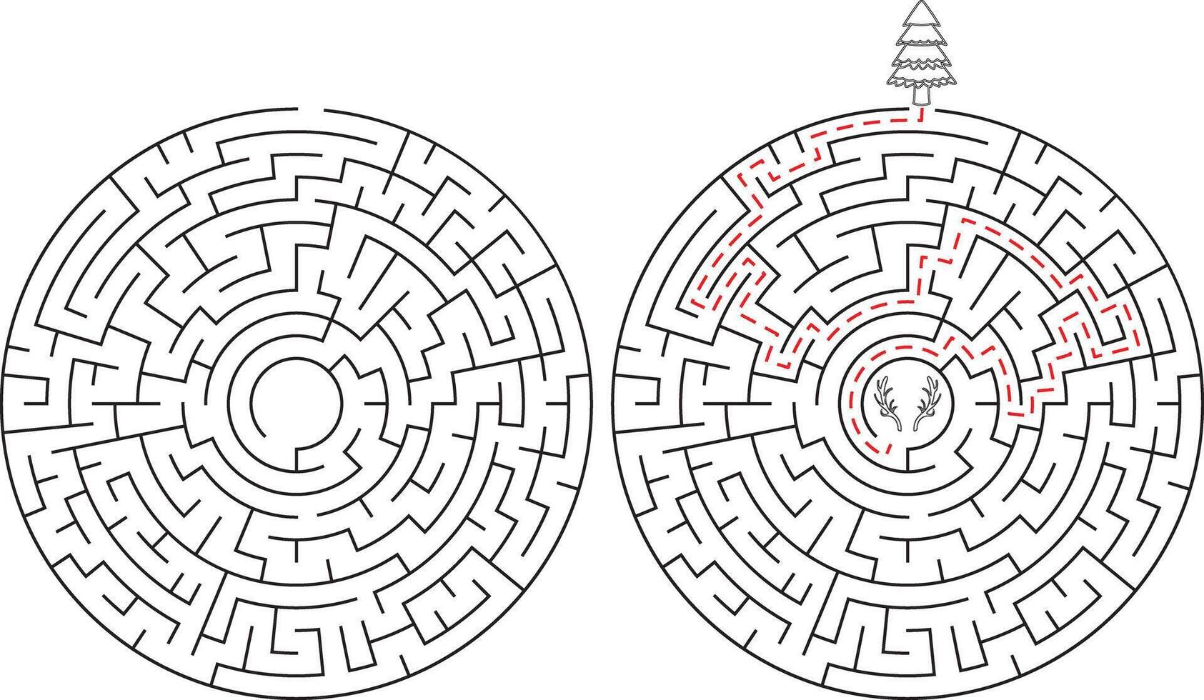 Christmas circular maze puzzle with solved path game fun vector