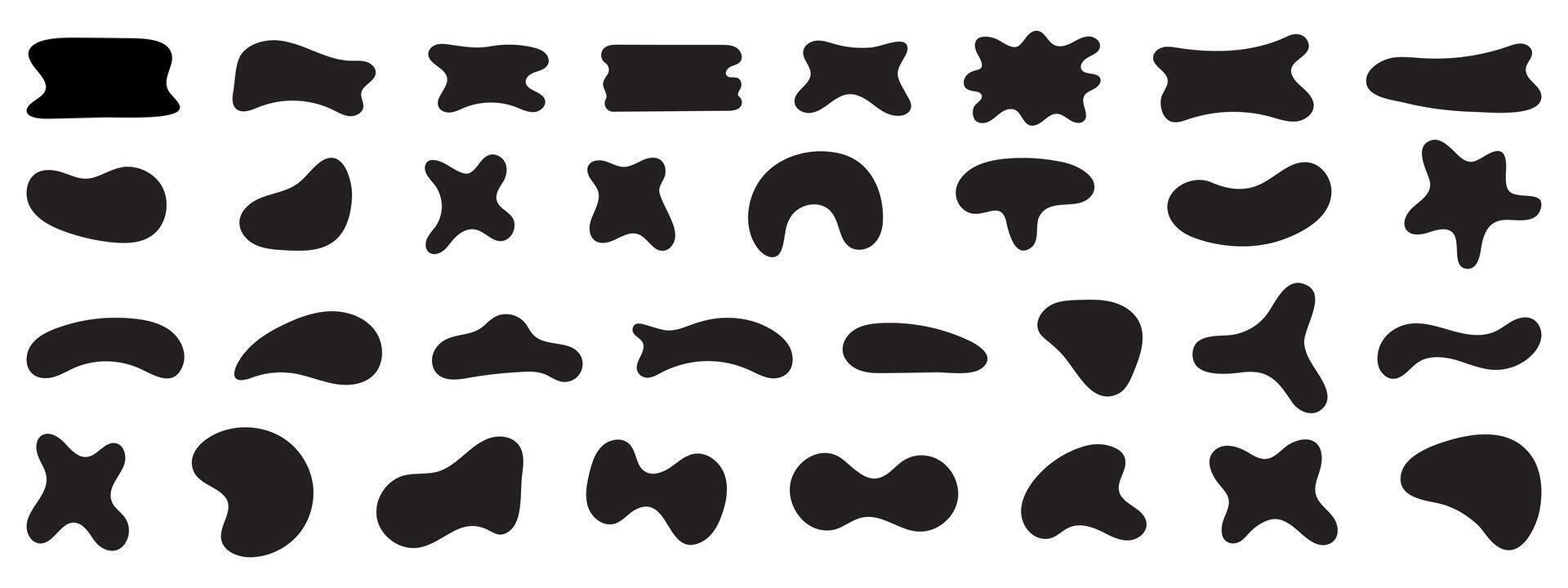 Black abstract shapes, organic blobs and blotch of irregular shape. Inkblot silhouettes, simple liquid splodge elements. vector