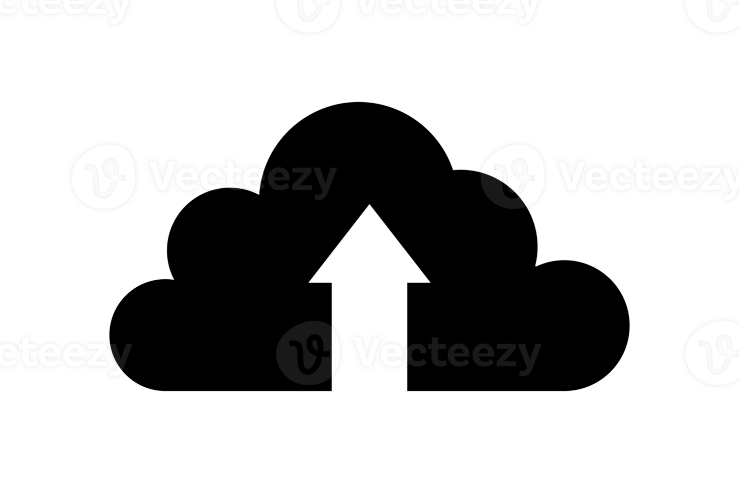 Black silhouette icon representing cloud upload concept with an upward pointing arrow centered within the cloud shape, isolated on transparent background png