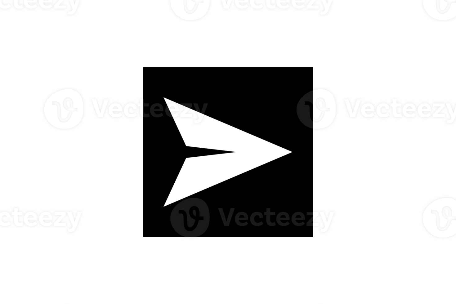 Simple black and white icon representing a paper airplane or send button, set against a solid black square background for high contrast isolated on transparent background png