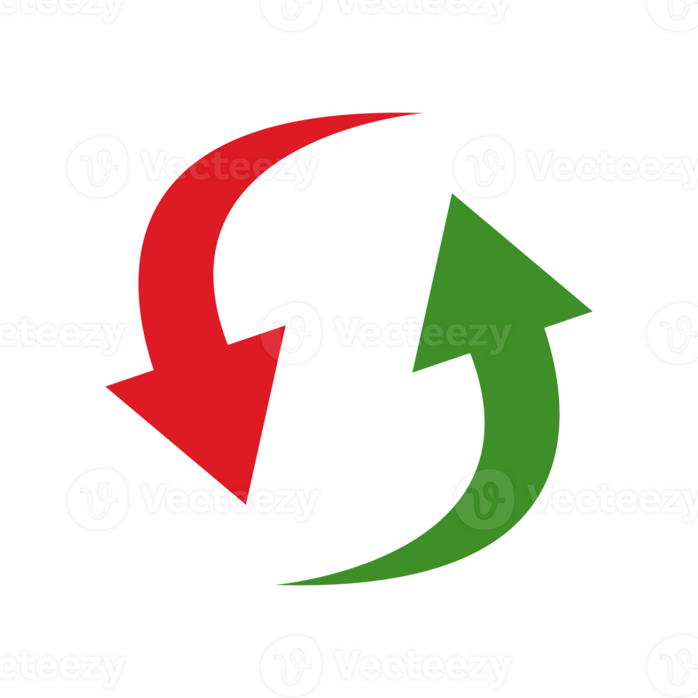 Two curved arrows, one red pointing down and one green pointing up, forming a circular refresh or cycle symbol, isolated on transparent background png