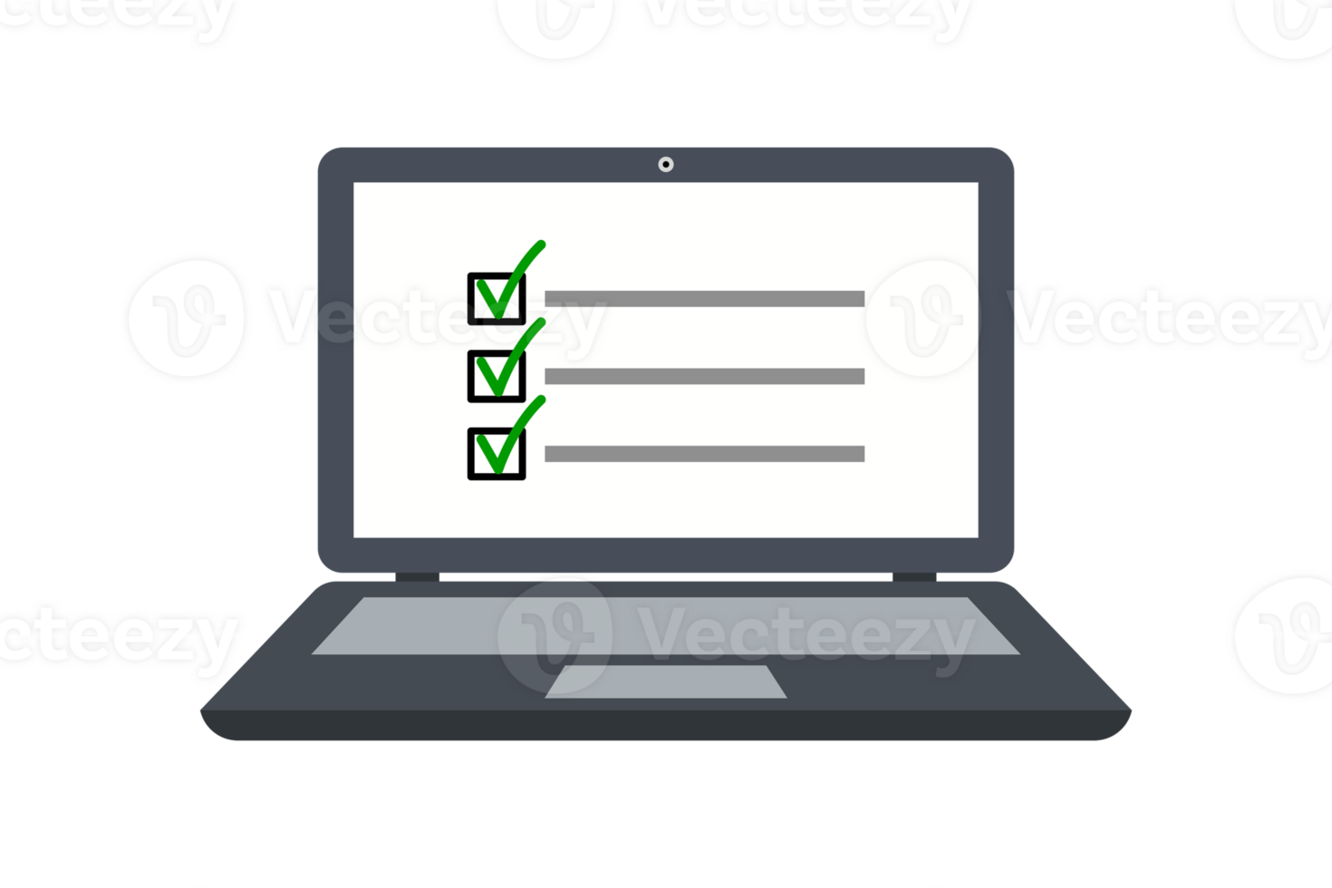 il computer portatile schermo visualizzazione un' completato digitale lista di controllo con tre verde segni di spunta Il prossimo per compito linee, isolato su trasparente sfondo png