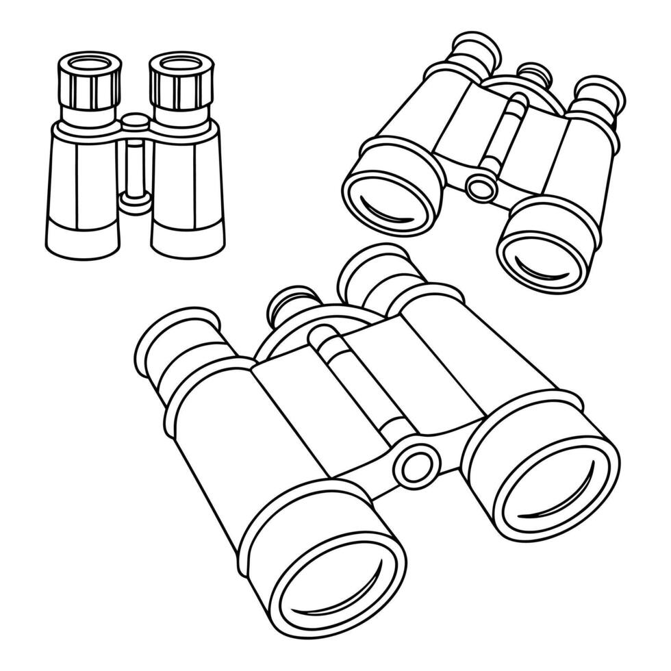 Set of three hand drawn illustrations of binoculars in different perspectives and sizes vector