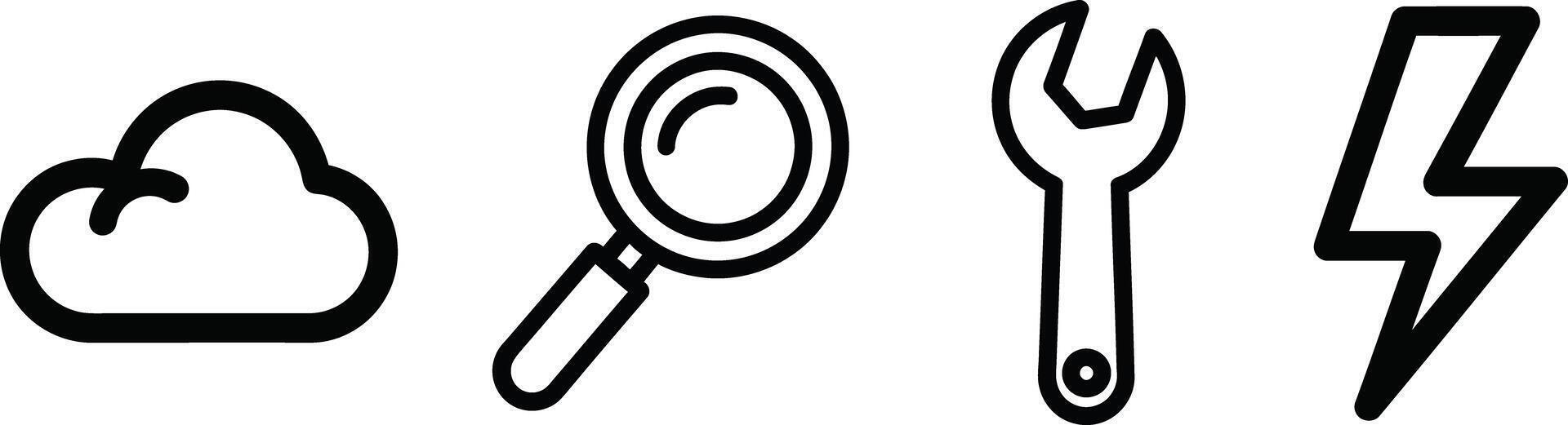 Modern essential outline icons depicting cloud computing, search functionality, system maintenance, and performance optimization, suitable for technology and service interfaces vector