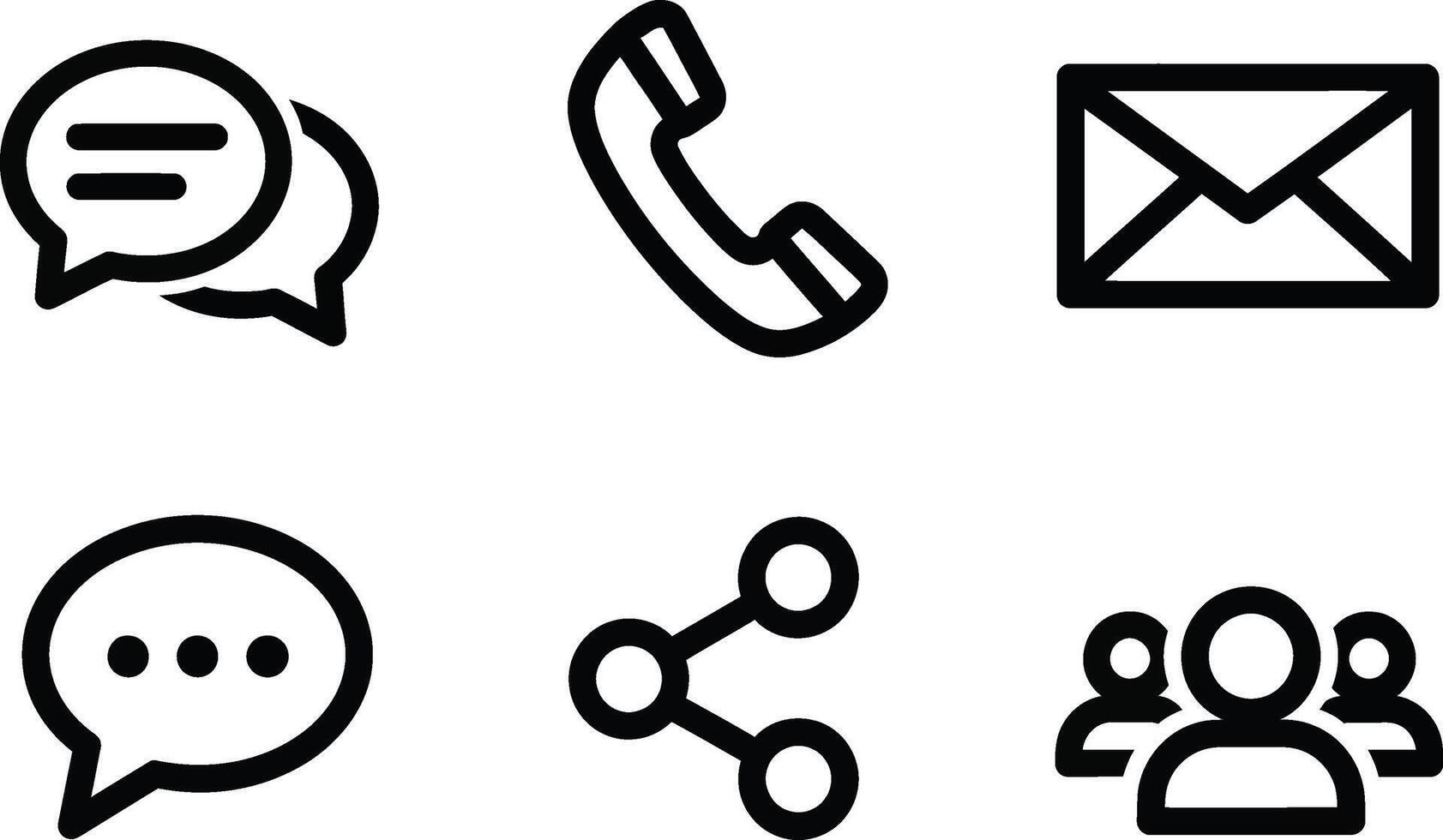 outline icons illustrating various forms of digital communication, including chat, phone calls, email, sharing, and social connections for modern interfaces vector