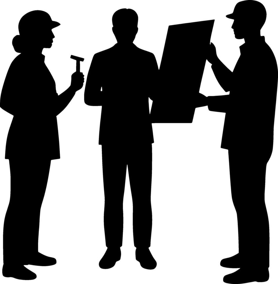 Architects and construction workers discussing building plans, teamwork, project management, and design. vector