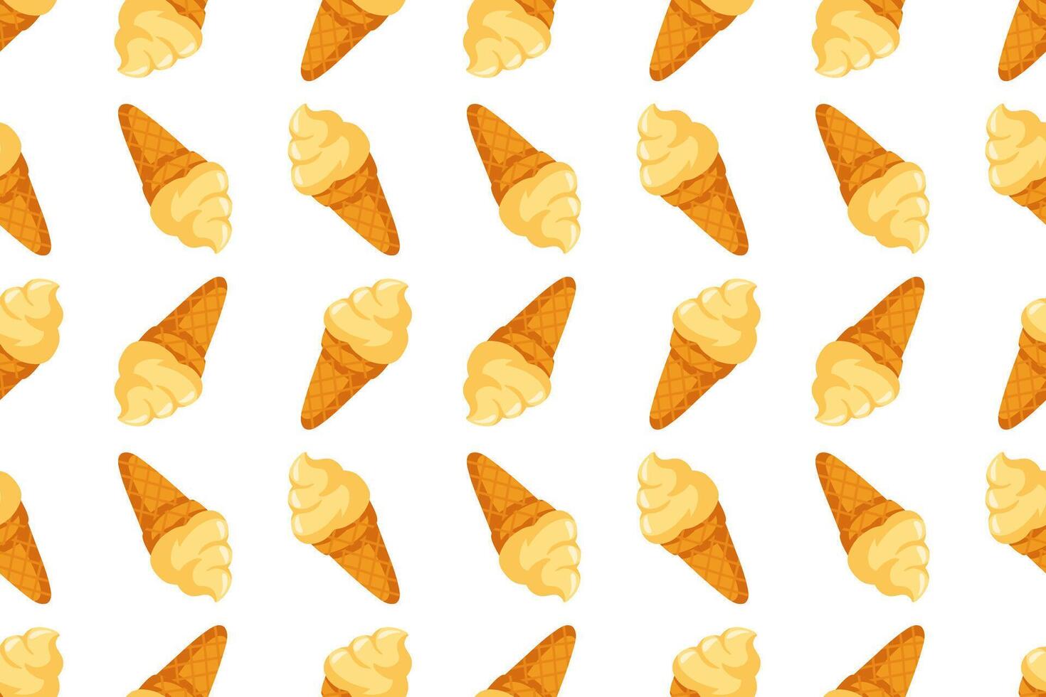 Seamless summer pattern with bright vanilla ice cream scoops in crunchy waffle cones. Soft gelato background vector