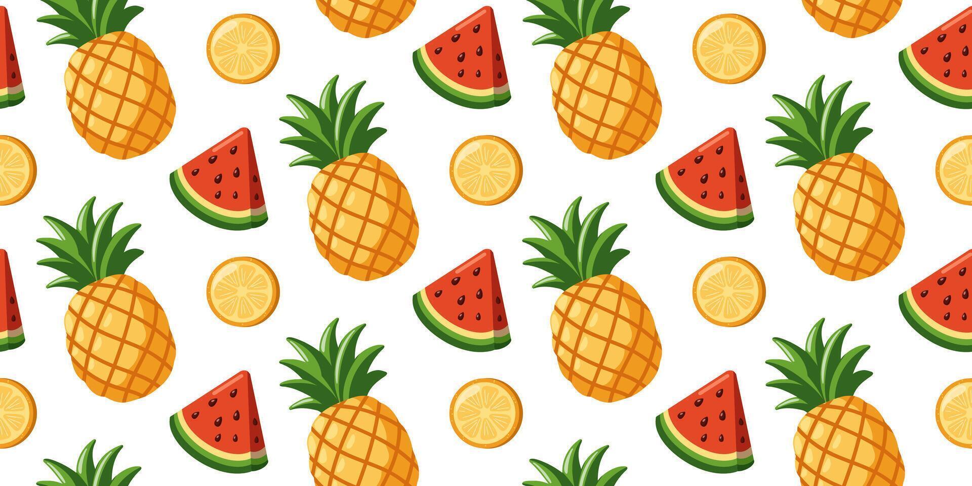 Seamless summer Pattern with whole Pineapples, red juicy Watermelon and yellow Lemon slices. Tropical background vector