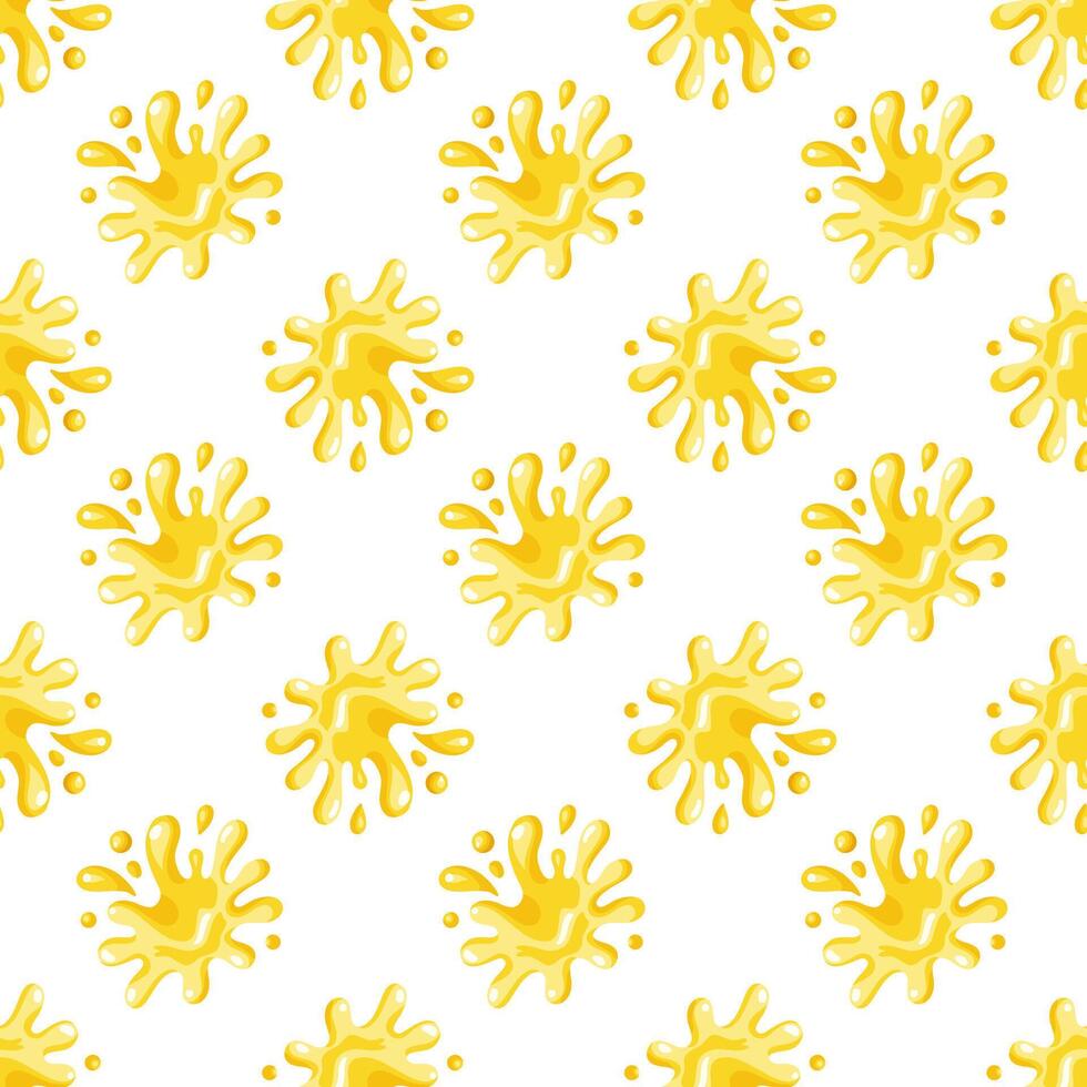 Seamless summer pattern with yellow dynamic lemon juice splashes in bright yellow. Cartoon on white background vector