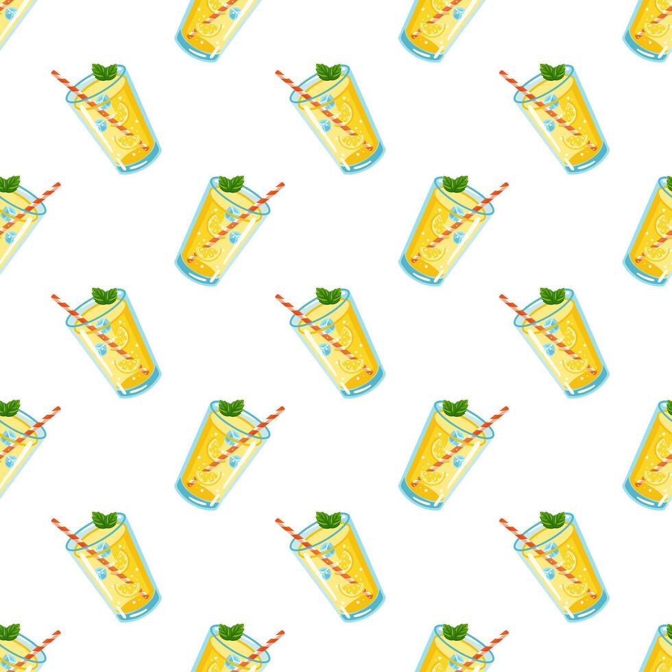 Seamless summer pattern with lemonade glass, mint and straw on white background. Cartoon background vector