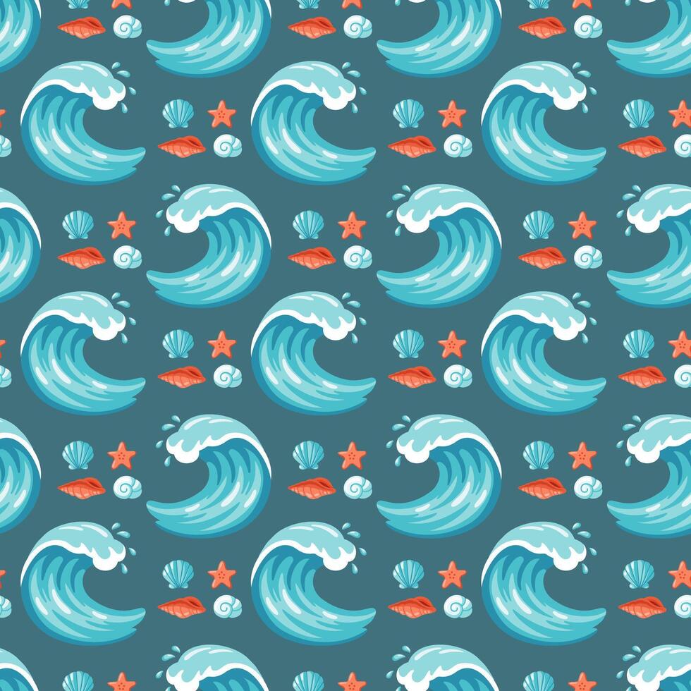 Cartoon waves and shells pattern vector