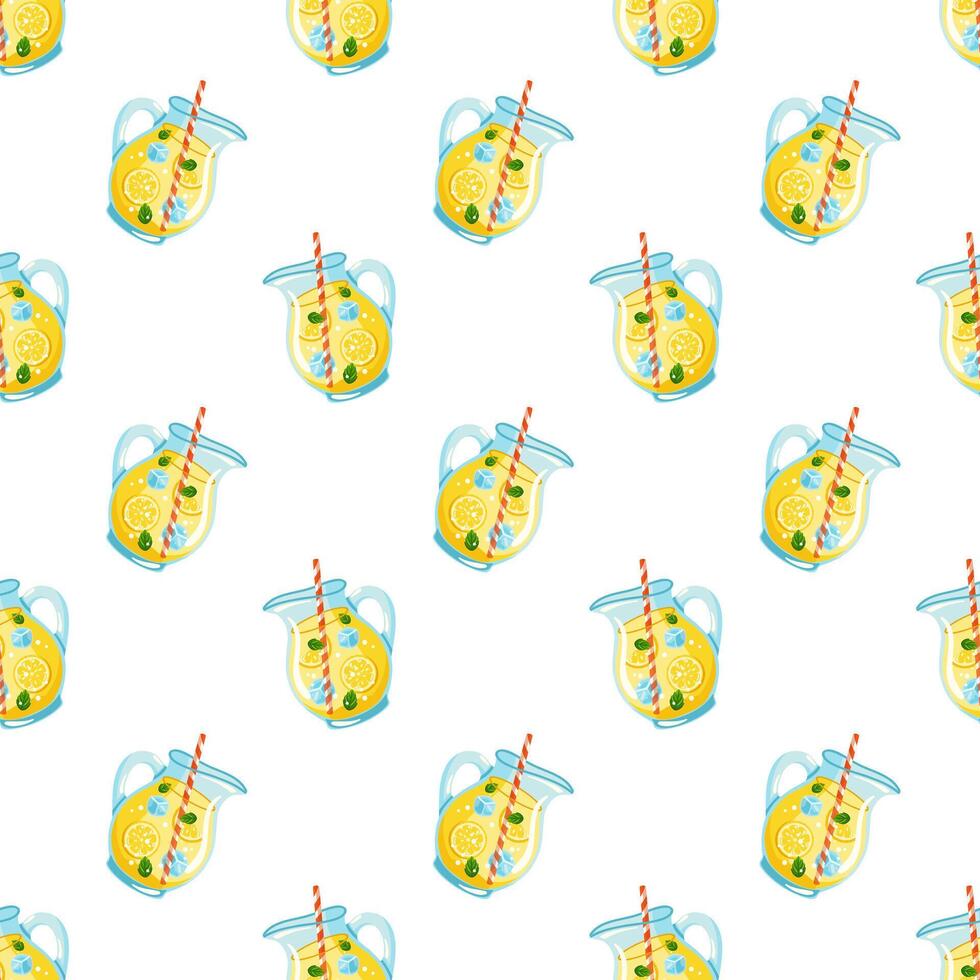 Seamless summer pattern with cartoon lemonade pitchers and red striped straws. Cartoon background. vector