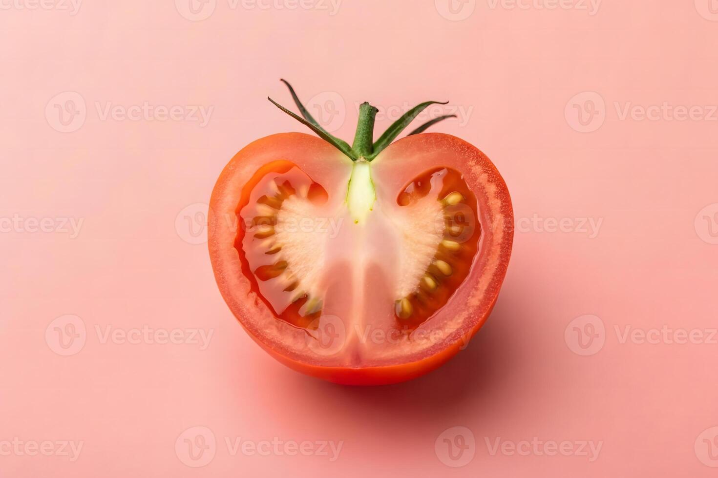 Ultra-realistic macro of a split tomato revealing engraved seed pattern, set on soft pastel red background symbolizing decision challenges. photo
