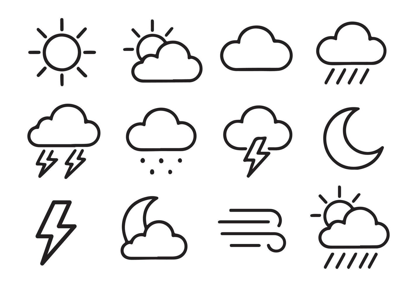Minimalist outline weather icons for diverse forecast conditions. vector