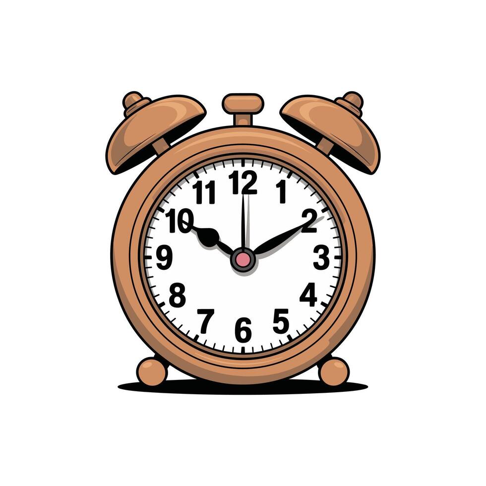 A cartoon alarm clock features a round face with clock hands showing ten minutes after two. The clock is bronze and has two bells. vector