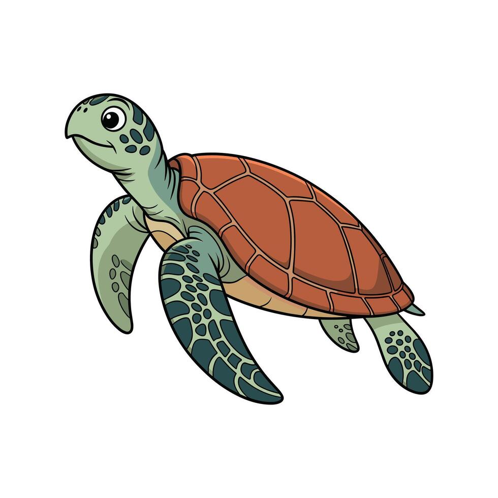 A whimsical cartoon sea turtle with a patterned shell swims with flippers spread wide. vector