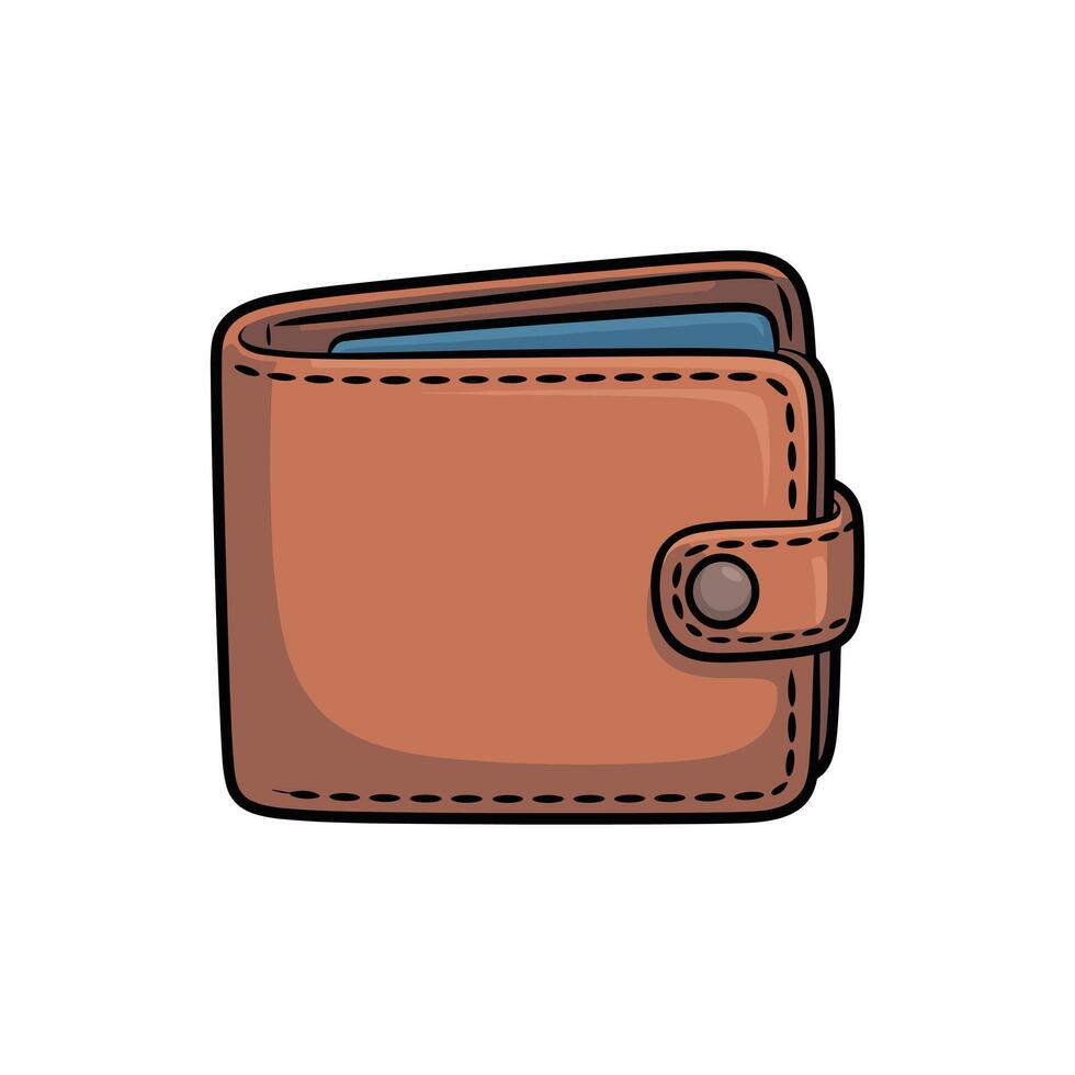 A stylish and practical cartoon illustration of a brown leather wallet, featuring a secure snap closure. Its design combines function with a classic aesthetic. vector