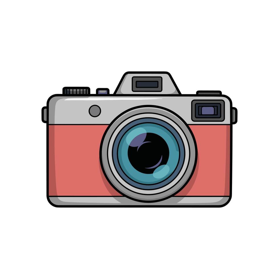 The image shows a cartoon-style camera featuring a red body and a prominent lens, designed for capturing memories in a fun and engaging manner. The camera design looks simple. vector