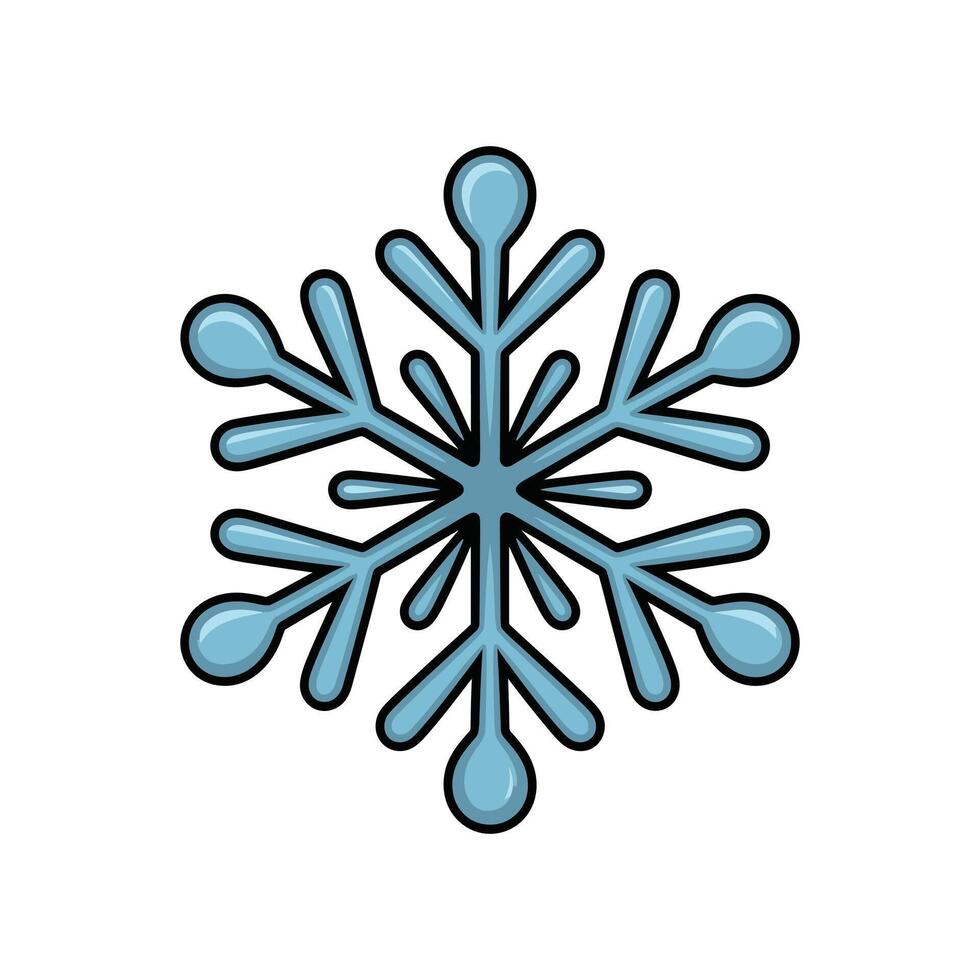 A single, stylized blue snowflake with a defined black outline, isolated against a white background. Its rounded design evokes a lighthearted and cheerful aesthetic. vector