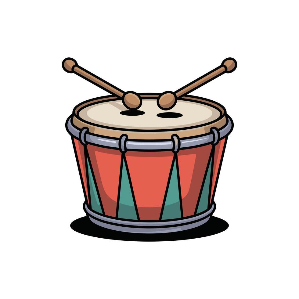 A cartoon-style image of a red and green drum with drumsticks. The drum features a striped pattern and is isolated on a white background. vector