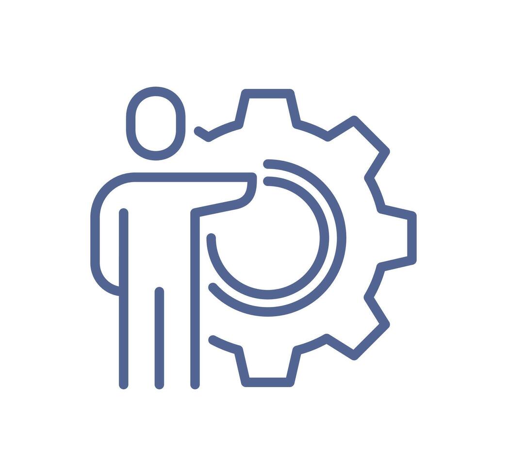 Process management icon showing a person coordinating workflow, productivity optimization, operational improvement, system control, team efficiency flat illustration. vector