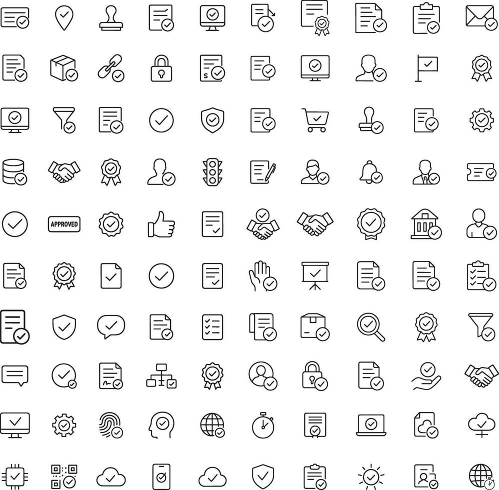 Set of 100 approval icons in black line style for web design and website applications vector