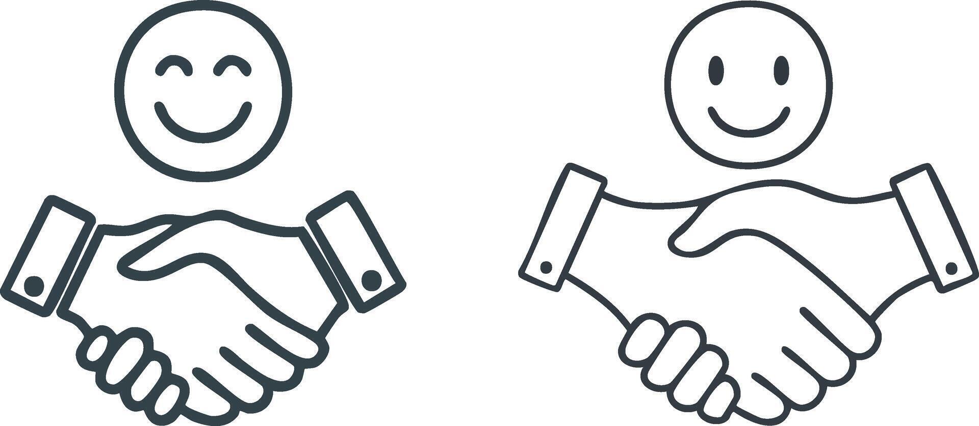 Continuous line handshake welcome icon featuring a cheerful smiling face symbolizing friendly greeting and connection vector
