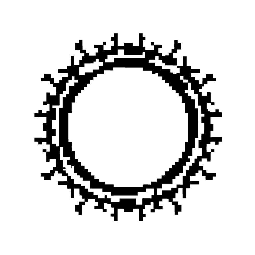 Pixel art circular frame with jagged geometric pattern retro digital border, minimalist black and white ring design icon vector
