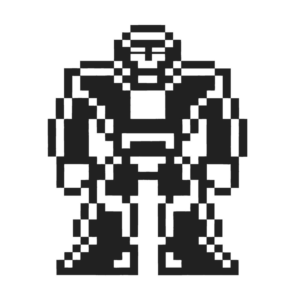 Pixel art robotic warrior character in monochrome, retro 8 bit futuristic mech figure for classic arcade game design vector
