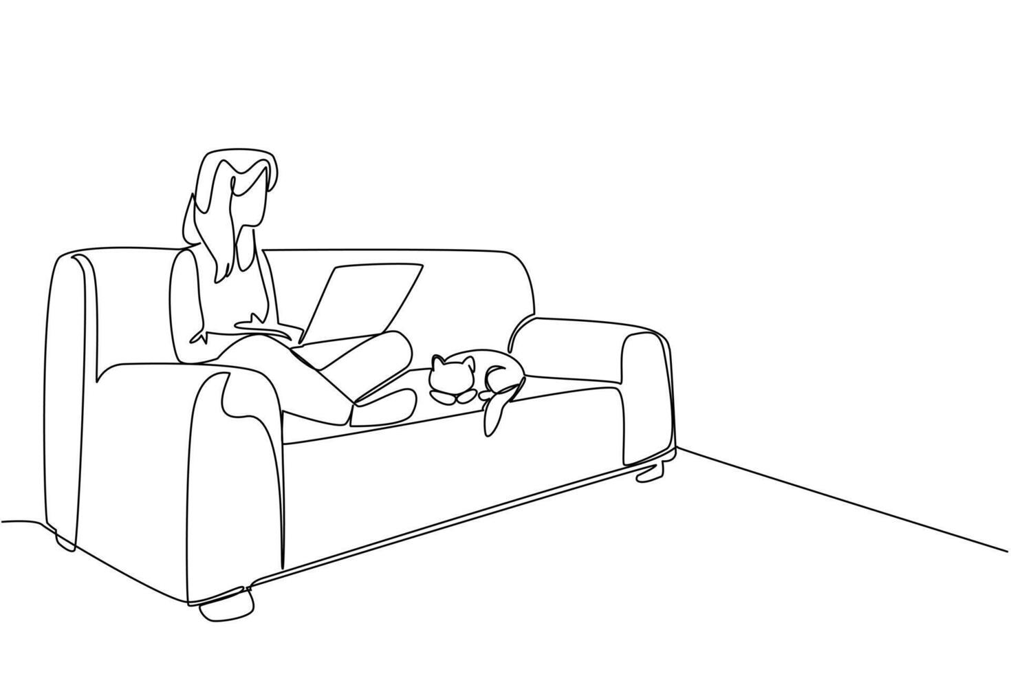 Single continuous line drawing a woman sitting cross legged on sofa with laptop on lap and cat lying down. Online meeting. Report. National Work From Home Day. One line illustration vector