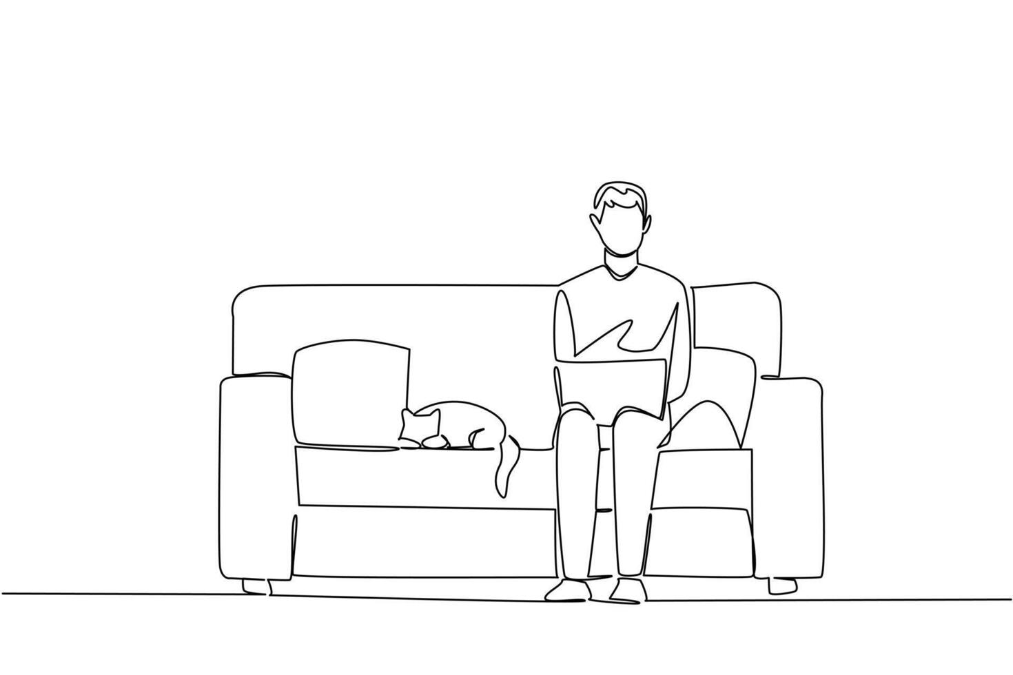 Single continuous line drawing man sits on sofa typing laptop on lap and cat lying down. Complete remote overseas jobs one by one. National Work From Home Day. One line illustration vector