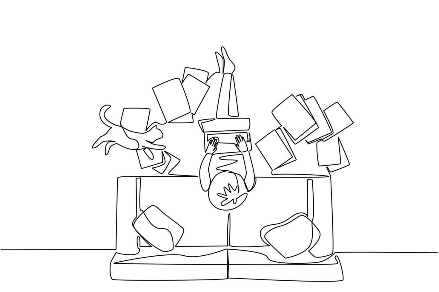 Continuous one line drawing man sits on floor types on laptop with papers scattered around and cat lying down. Smooth business. National Work From Home Day. Single line draw illustration vector