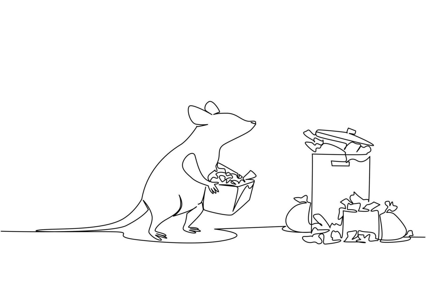 Continuous one line drawing rats walking carrying cardboard boxes filled with garbage towards a pile of garbage. Removes dirt. Clean. National Pack Rat Day. Single line draw design vector