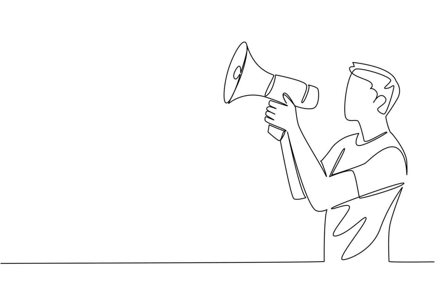 Continuous one line drawing casual dressed man holding megaphone and shouting. Shout out. Give a speech in the crowd. Loud voice. National Be Heard Day. Single line draw design vector