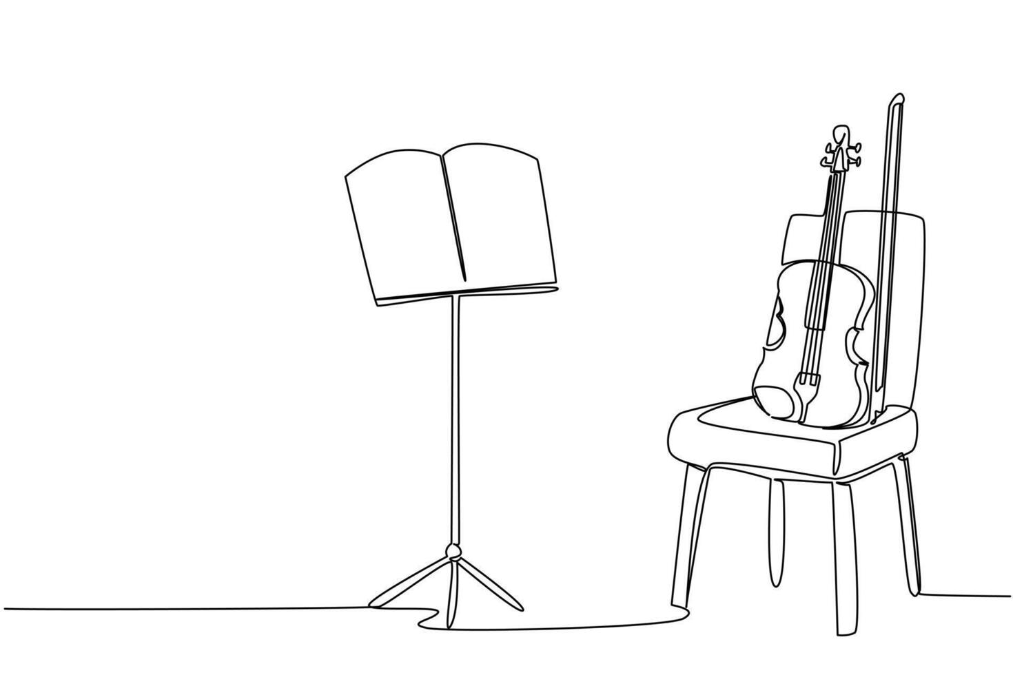 Single one line drawing violin on a chair and beside it there is a note stand with a notation sheet. Respect a musical instrument. Sound. World Fiddle Day. Continuous line design illustration vector