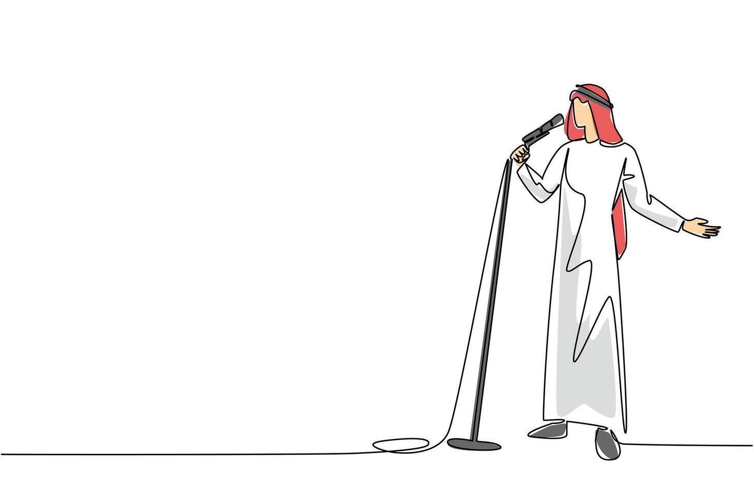 Single continuous line drawing Arabian man singing while holding a standing mic and posing. Final sound check before performing at a concert. National Sing Out Day. One line design illustration vector