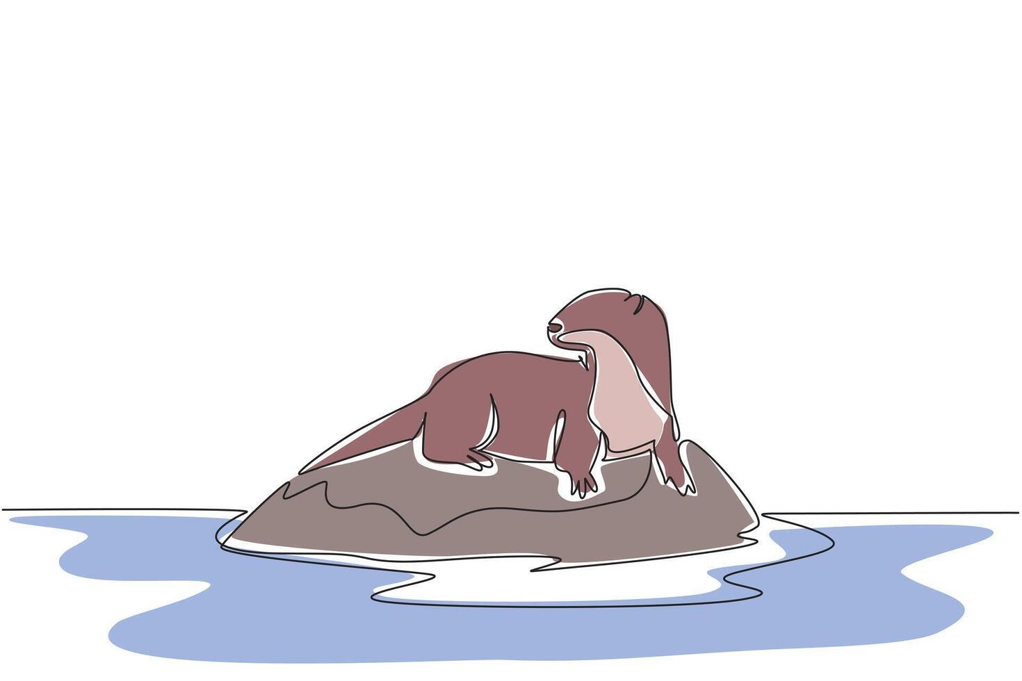Single one line drawing otter lying on a rock. Acclimatization when summer arrives. Adaptation to avoid dehydration. Watching the prey. World Otter Day. Continuous line design graphic illustration vector