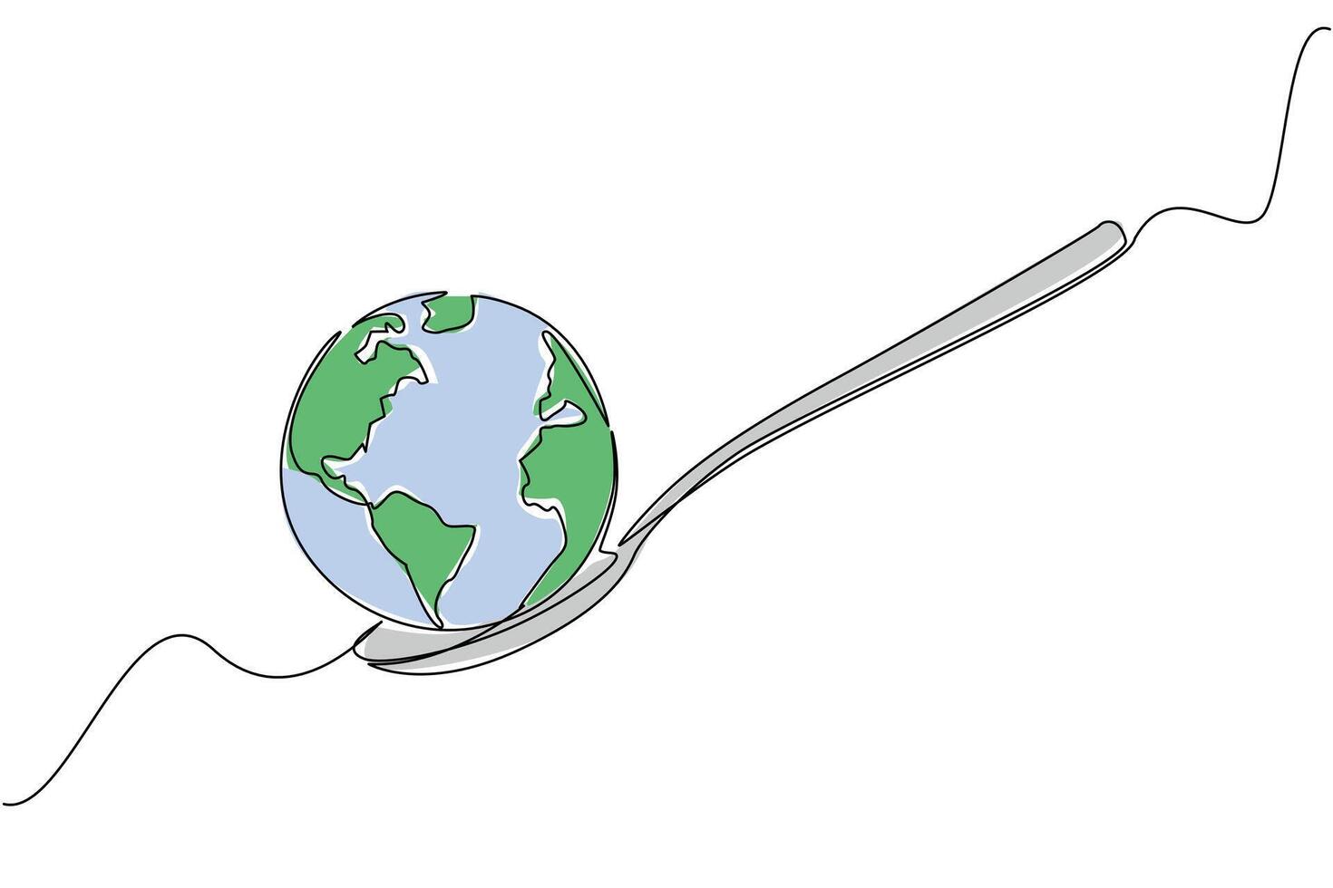 Continuous one line drawing a spoon with a globe on the end. Supporting the formation of a more serious world food agency. Rise awareness. World Hunger Day. Single line draw design illustration vector