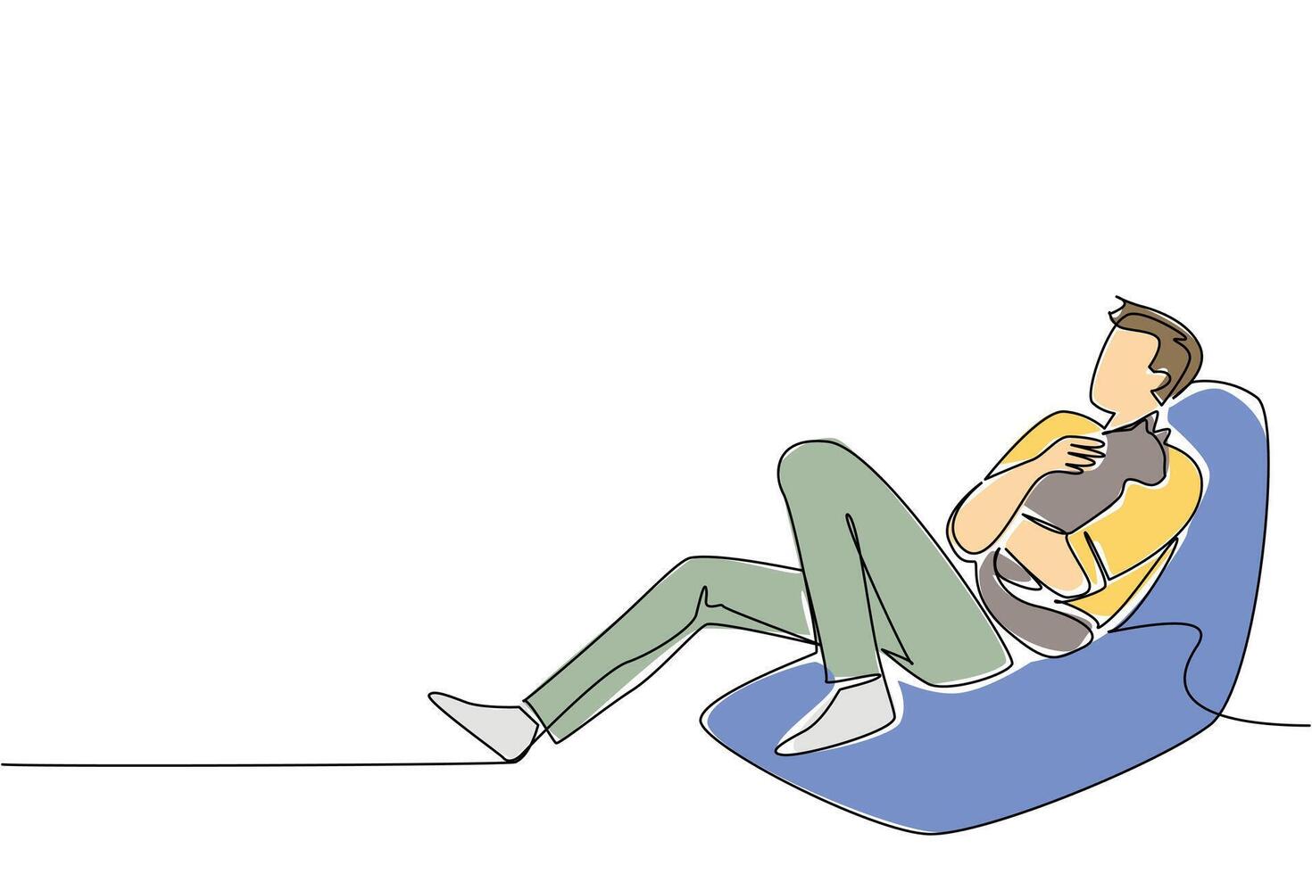 Continuous one line drawing a man in casual clothes sits on a sofa on the floor hugging a cat. Joke. Play. Relax. Happiness. International Hug Your Cat Day. Single line draw design illustration vector