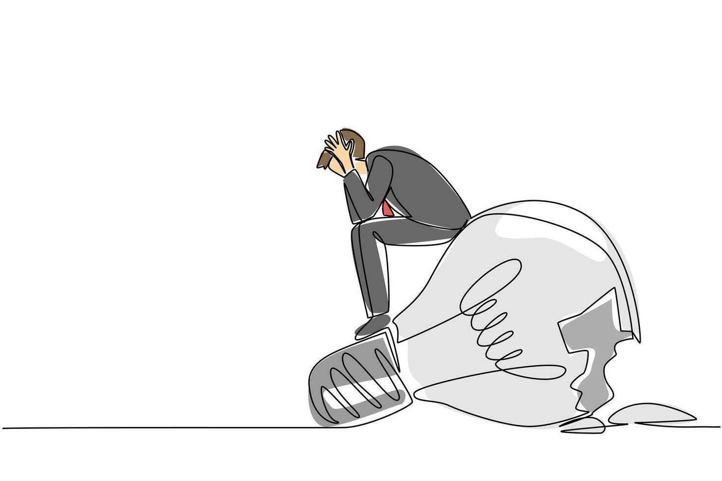 Single continuous line drawing a businessman sits on a broken lightbulb with both hands holds head. Ideas that failed to be implemented. National Creativity Day. One line design illustration vector