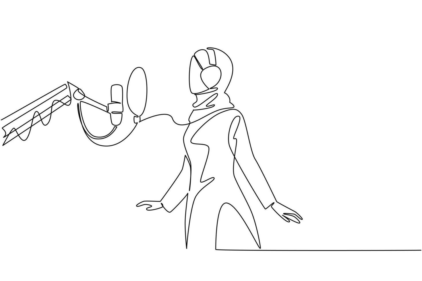 Single continuous line drawing Arab woman standing in front of mic using headphones is singing. First experience entering a recording studio. National Sing Out Day. One line design vector