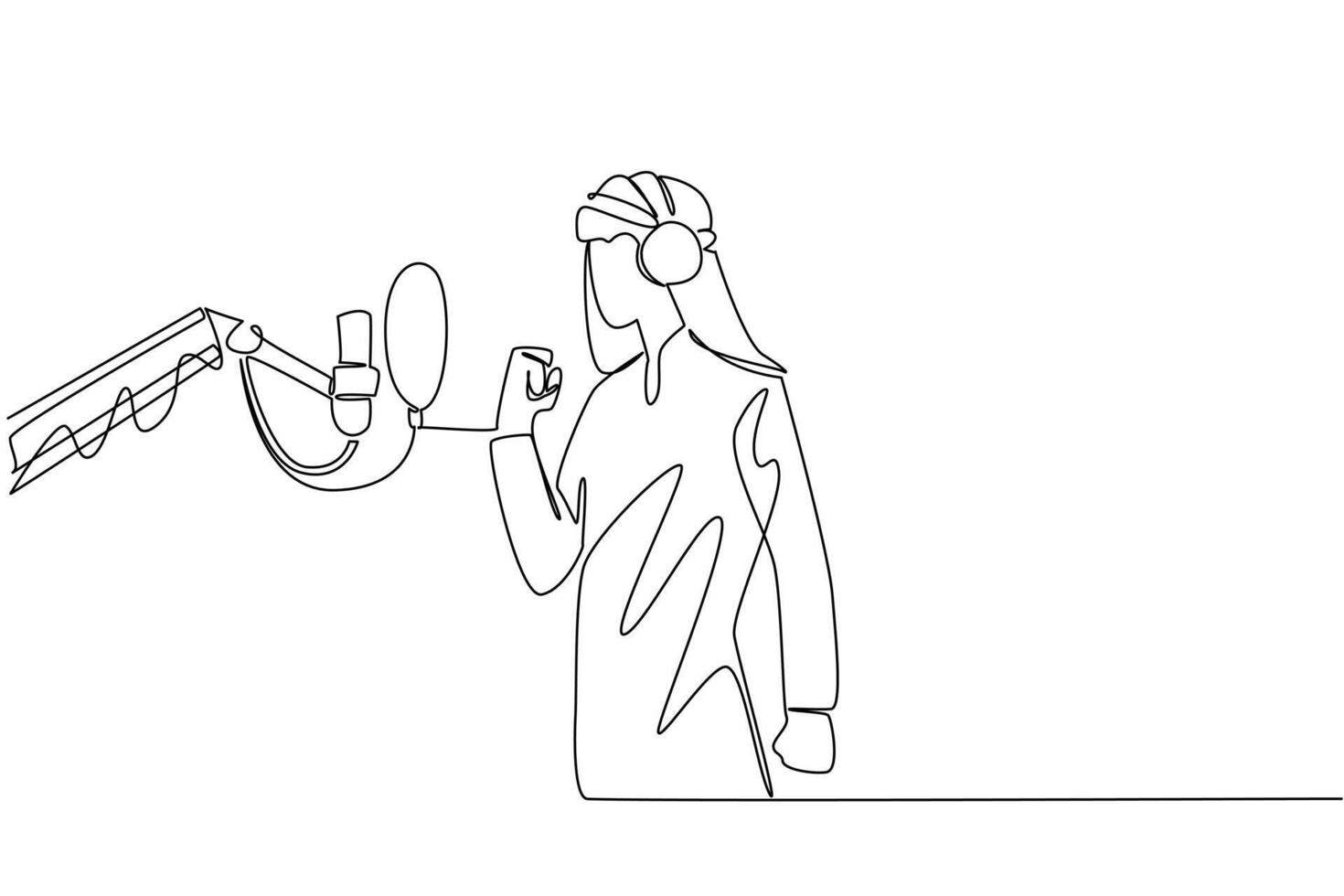 Continuous one line drawing Arab man standing in front of a mic using headphones is singing. Audition to enter the recording studio. National Sing Out Day. Single line draw illustration vector